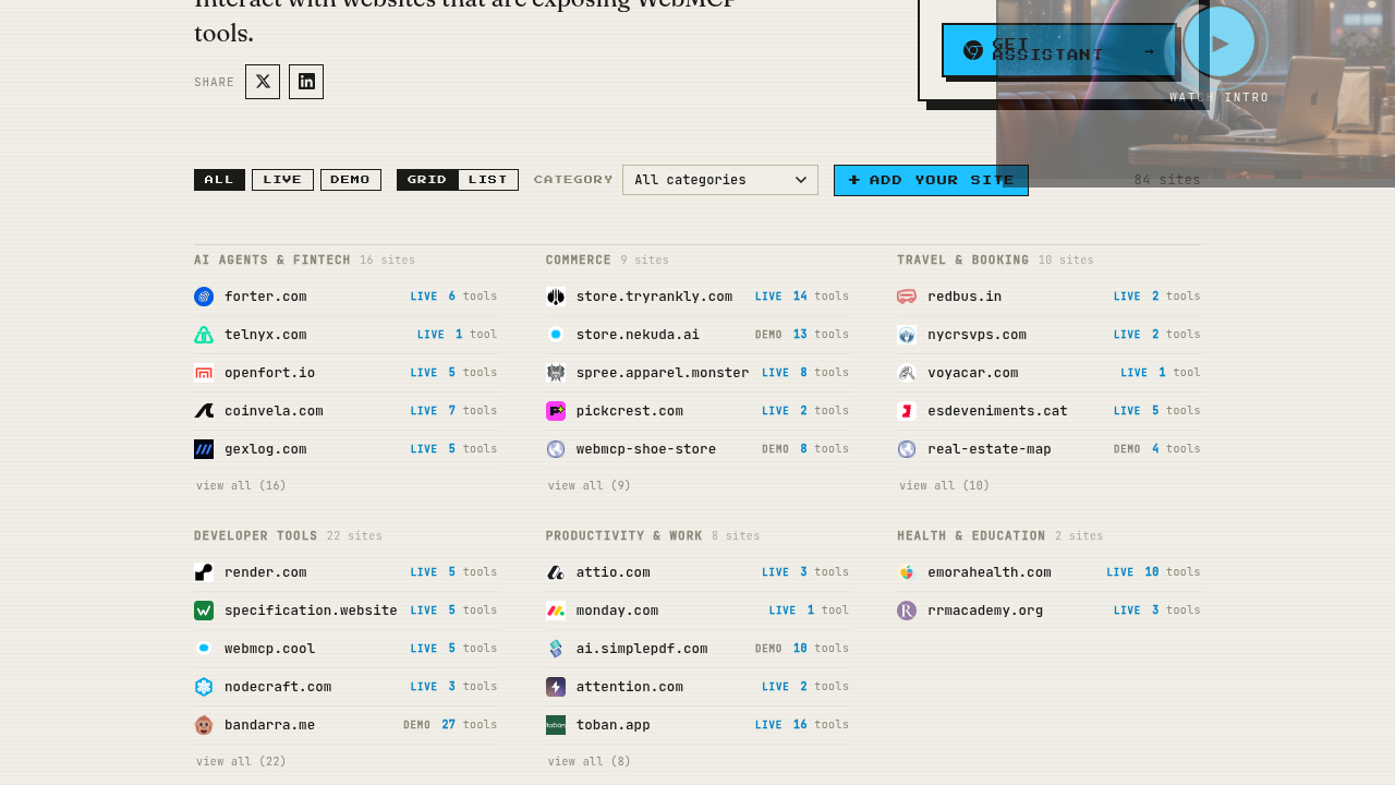 WebMCP Directory screenshot